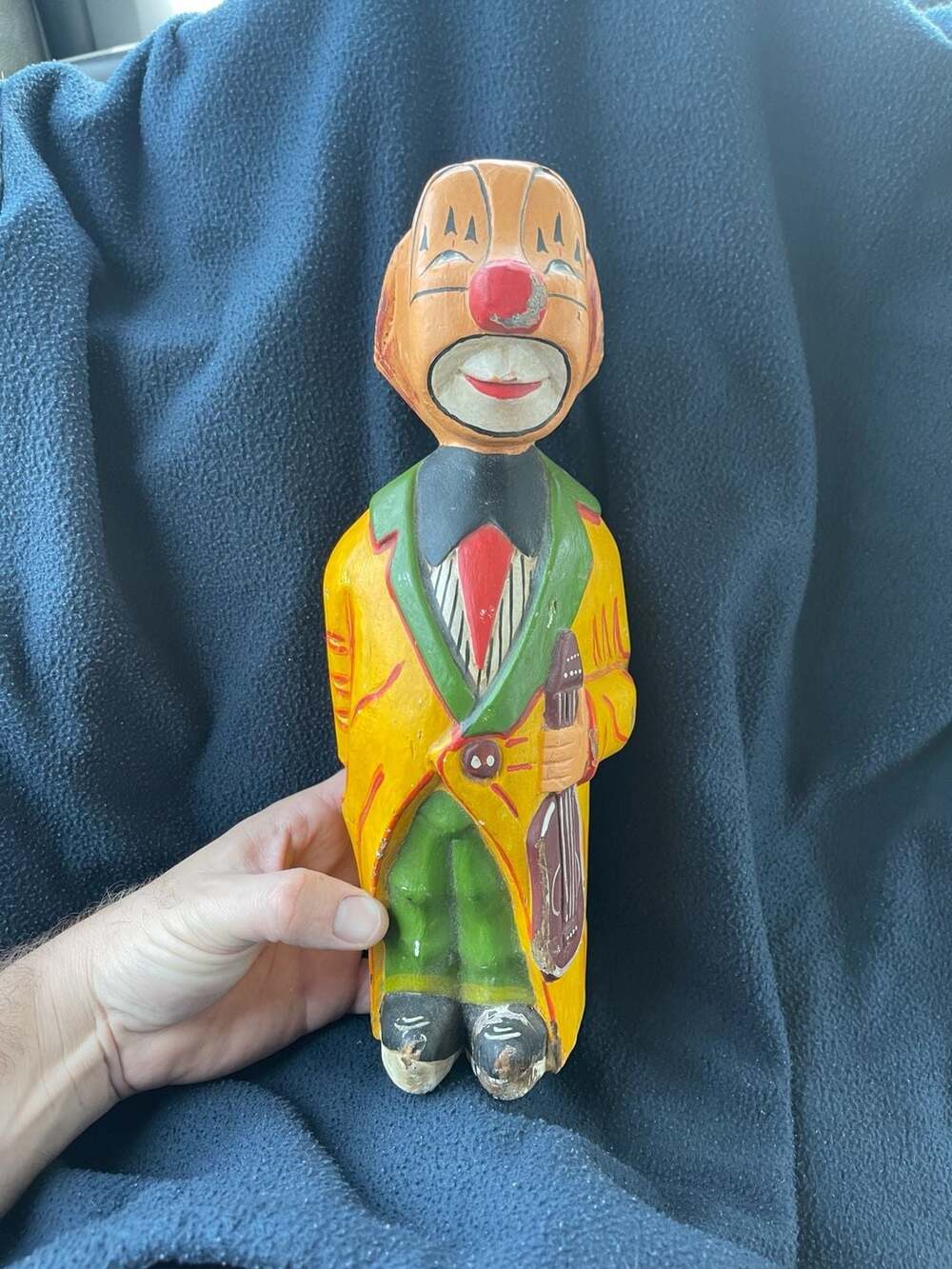 Vintage Hand Carved and Painted Wooden Folk Art Clown Figurine with Lyre